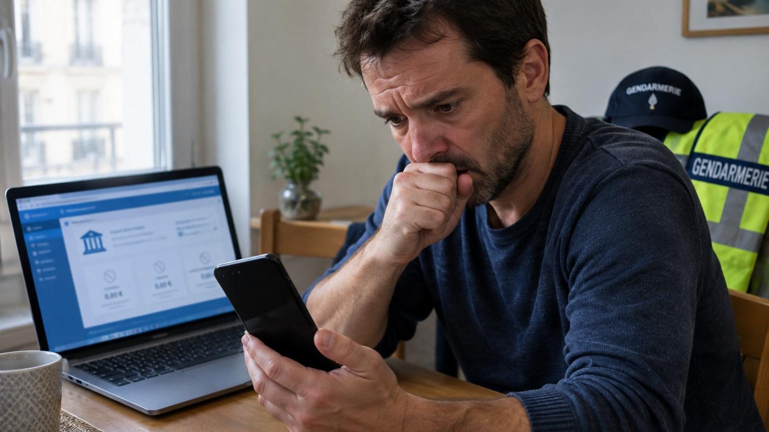 Illustration d'un téléphone avec un réseau interrompu tandis qu'une main d'escroc s'empare discrètement d'une carte SIM, symbolisant l'arnaque du SIM swap visant à vider les comptes bancaires.