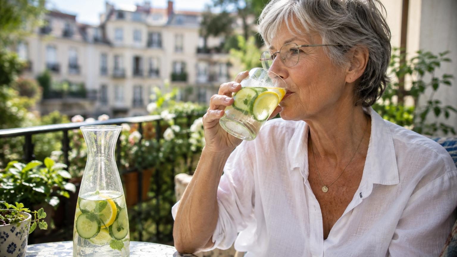 Personne âgée tenant un verre d'eau fraîche avec des glaçons et une tranche de citron, assise près d'une fenêtre ensoleillée pour illustrer l'hydratation estivale.