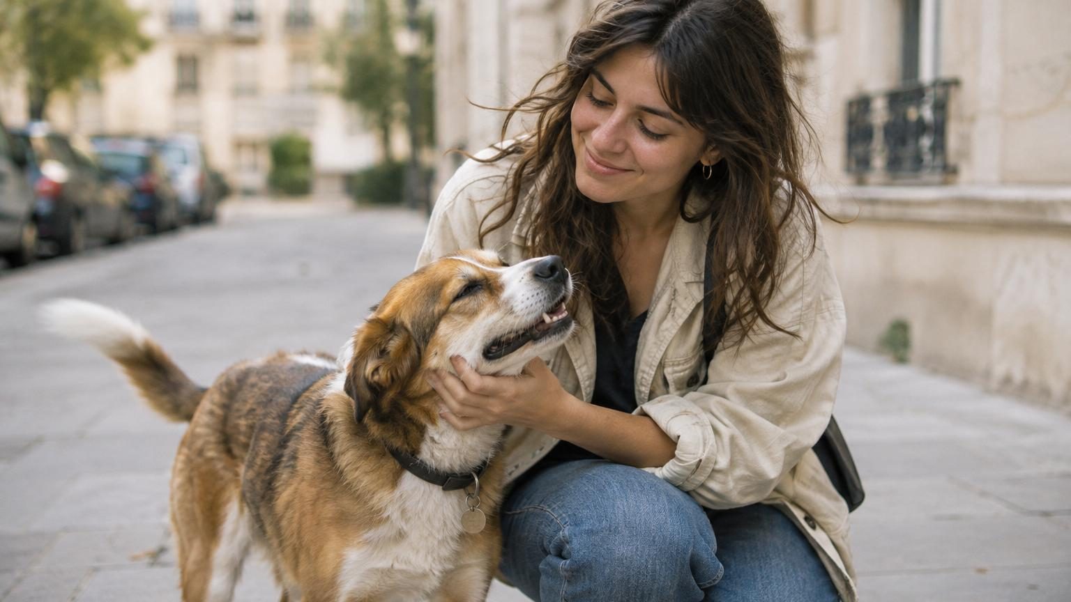 Personne tendant la main pour caresser la tête d'un chien brun en confiance, illustrant l'interaction empathique entre humain et animal.