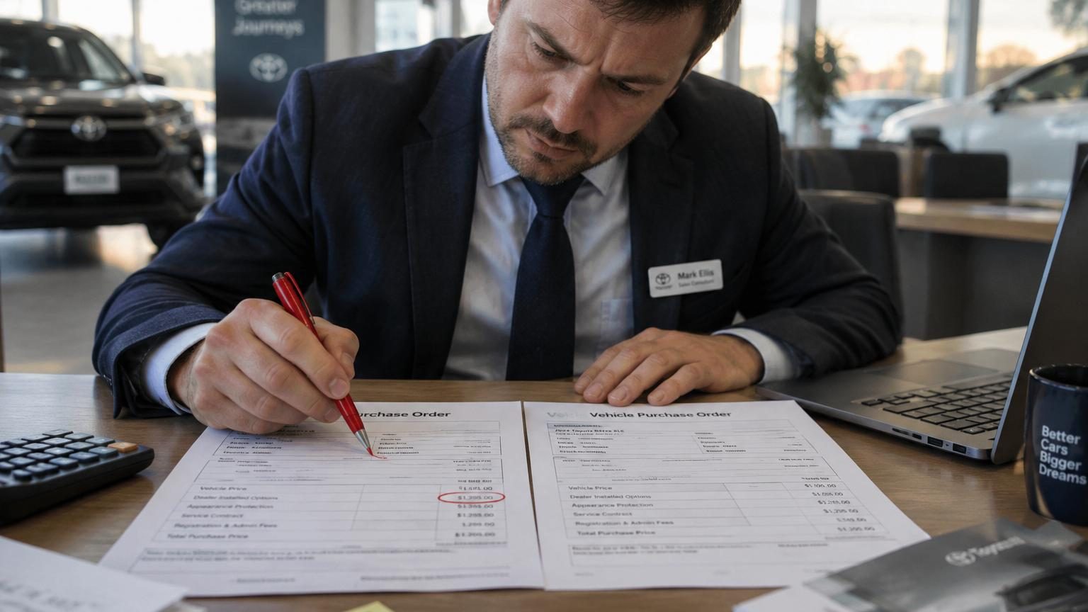 Un vendeur automobile compare deux bons de commande et entoure les lignes suspectes : ces frais cachés que vous payez sans le savoir