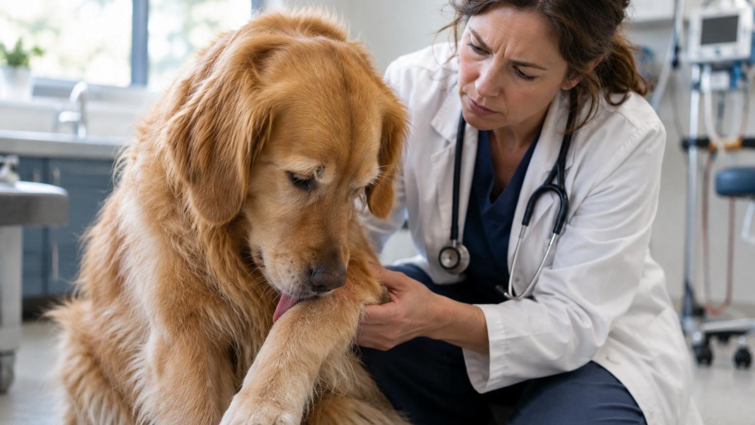 Gros plan sur les pattes d'un chien montrant des signes de léchage excessif ou d'irritation cutanée